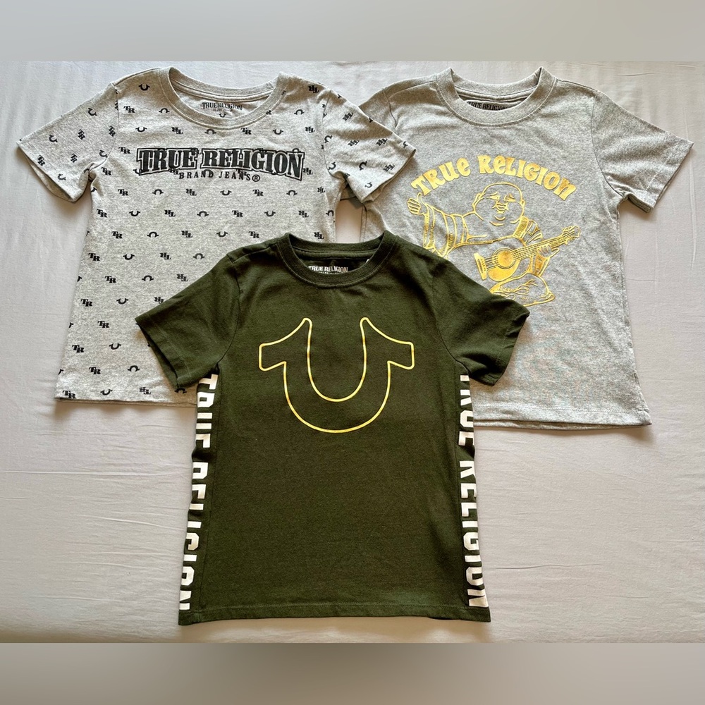 Size 6 True Religion Boy’s Graphic T-Shirt LOT Of 3 Tees Green & Gray Bundle Set